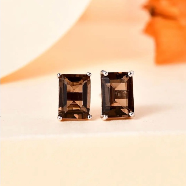Nwt Brazilian Smoky Quartz Emerald Cut Stud Earrings In Platinum Over.925 Silver